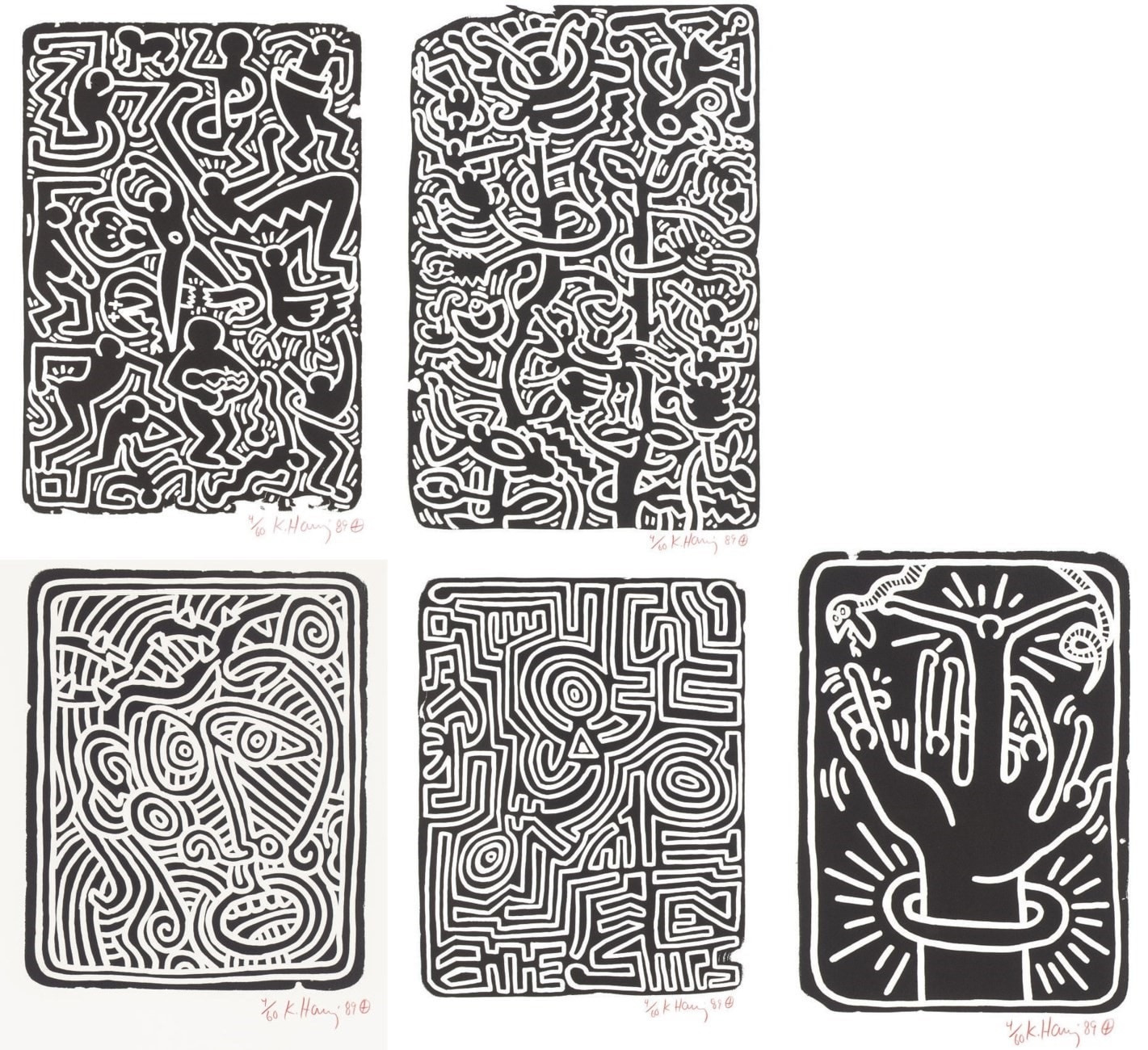 Keith Haring - Stones (Littmann PP. 126-127), 1989, The complete set of five lithographs