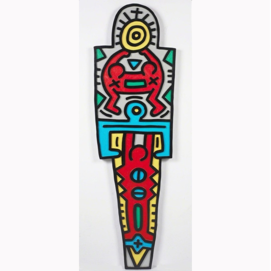 Keith Haring - Totem (Wood), 1988, Carved plywood wall relief painted with enamel