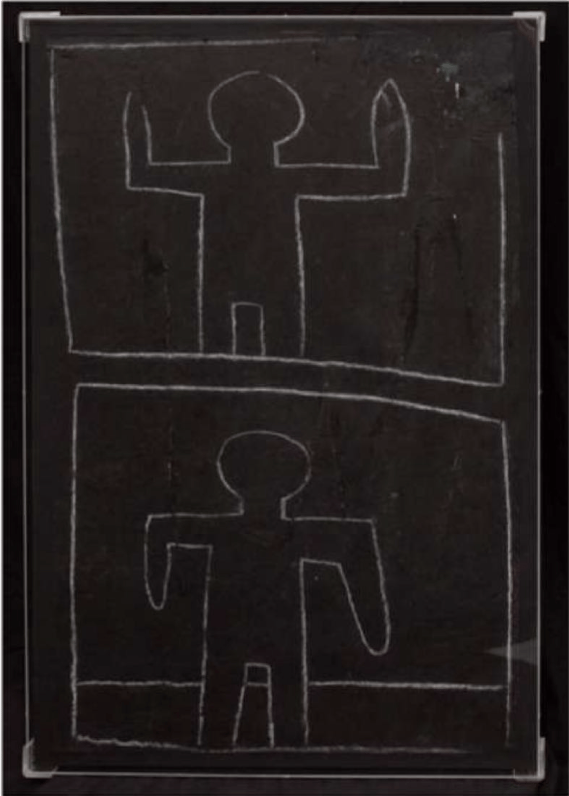 Keith Haring - Untitled (Aerobics), 1981, White chalk on black matte subway advertising paper affixed to jute canvas, moun...