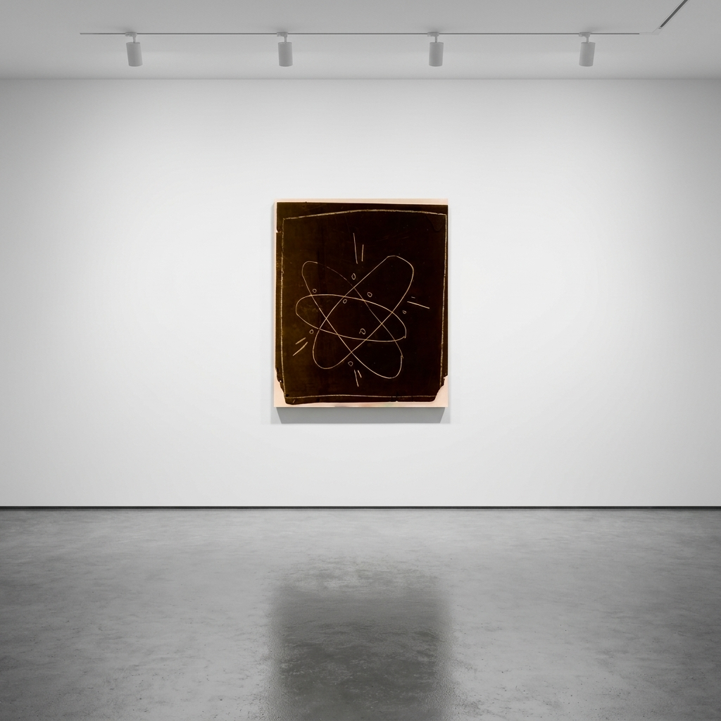 Keith Haring - Untitled (Atom), 1982, White chalk on black matte subway advertising paper, affixed to jute canvas, mounted...