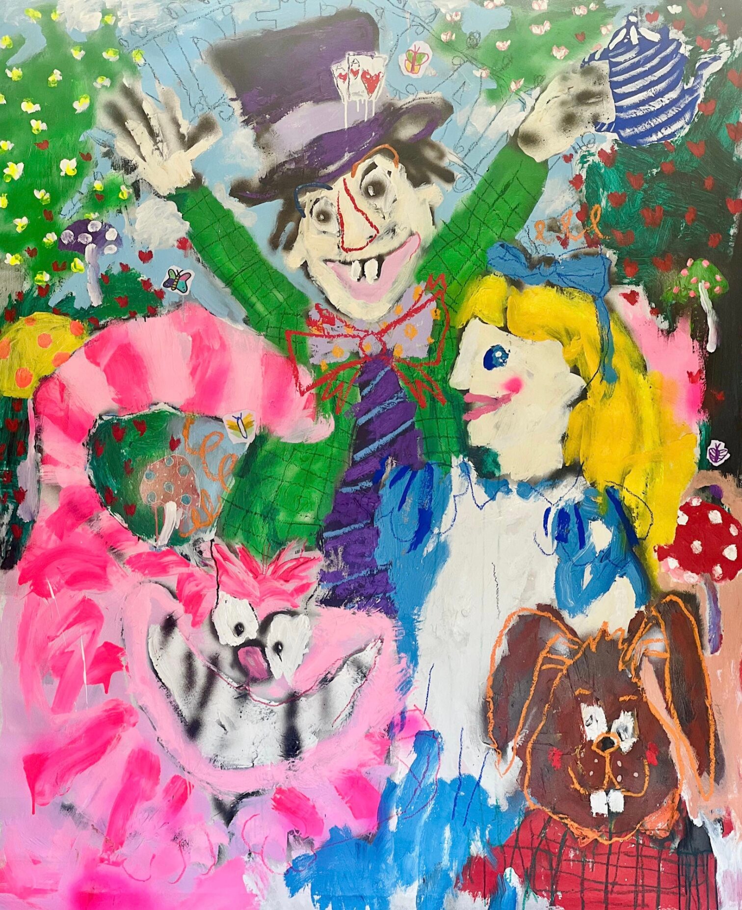 Nathan Paddison - Alice In Vunderland, 2026, Oil stick matte vinyl acrylic spray paint charcoal and pencil on canvas