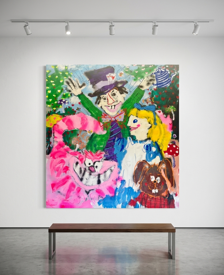 Nathan Paddison - Alice In Vunderland, 2026, Oil stick matte vinyl acrylic spray paint charcoal and pencil on canvas