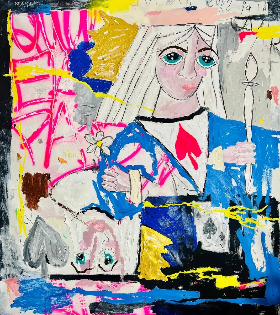 Nathan Paddison - Queen Ears Paid, 2023, Oil stick, matte vinyl acrylic spray paint, charcoal, and pencil on canvas