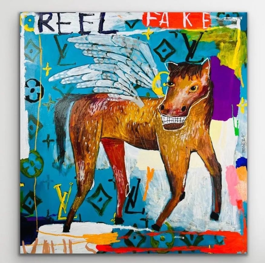 Nathan Paddison - Real Fake Vouis, 2022, Oil stick matte vinyl acrylic spray paint charcoal and pencil on canvas