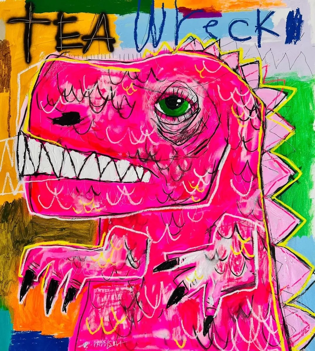 Nathan Paddison - Tea Wreck, 2023, Oil stick, matte vinyl acrylic spray paint, charcoal, and pencil on canvas
