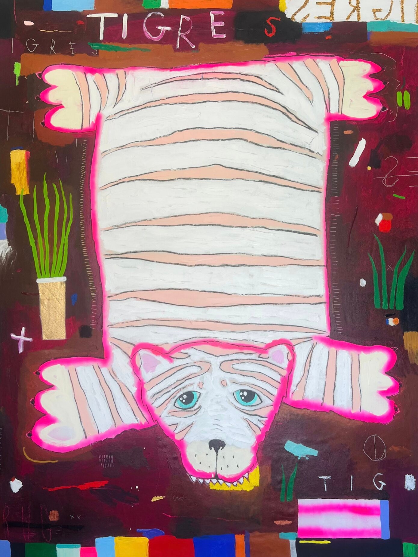 Nathan Paddison - TIGRE RUG (peach), 2026, Oil stick matte vinyl acrylic spray paint charcoal and pencil on canvas