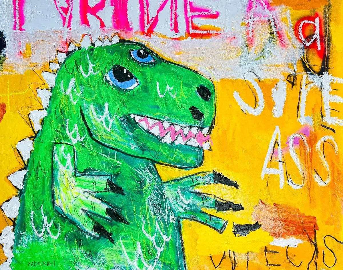 Nathan Paddison - Tyrone Rr Sore Ass, 2023, Oil stick, matte vinyl acrylic spray paint, charcoal, and pencil on canvas