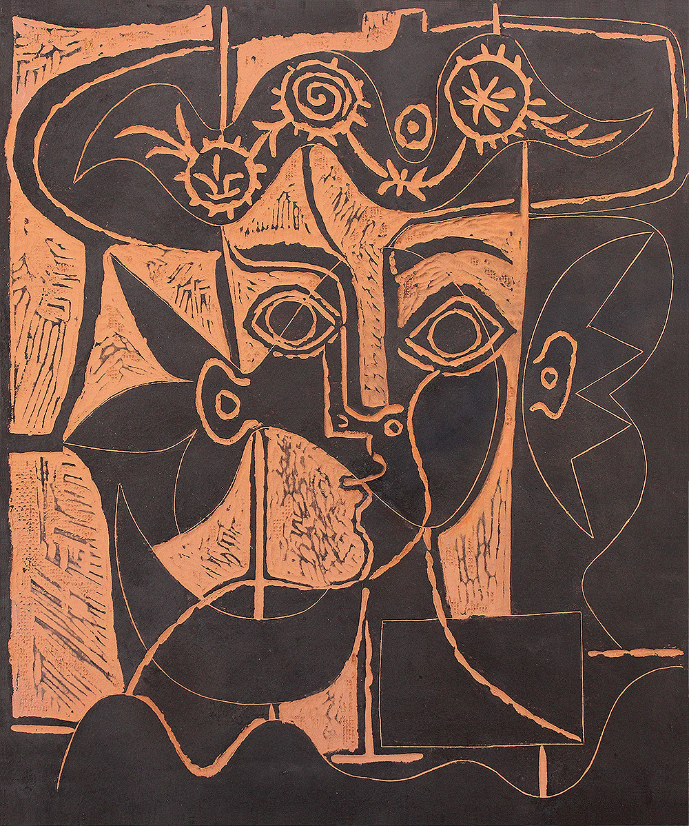Pablo Picasso - Grande Tête De Femme Au Chapeau Orné, 1964, Madoura red earthenware clay plaque printed with engobe padThi...