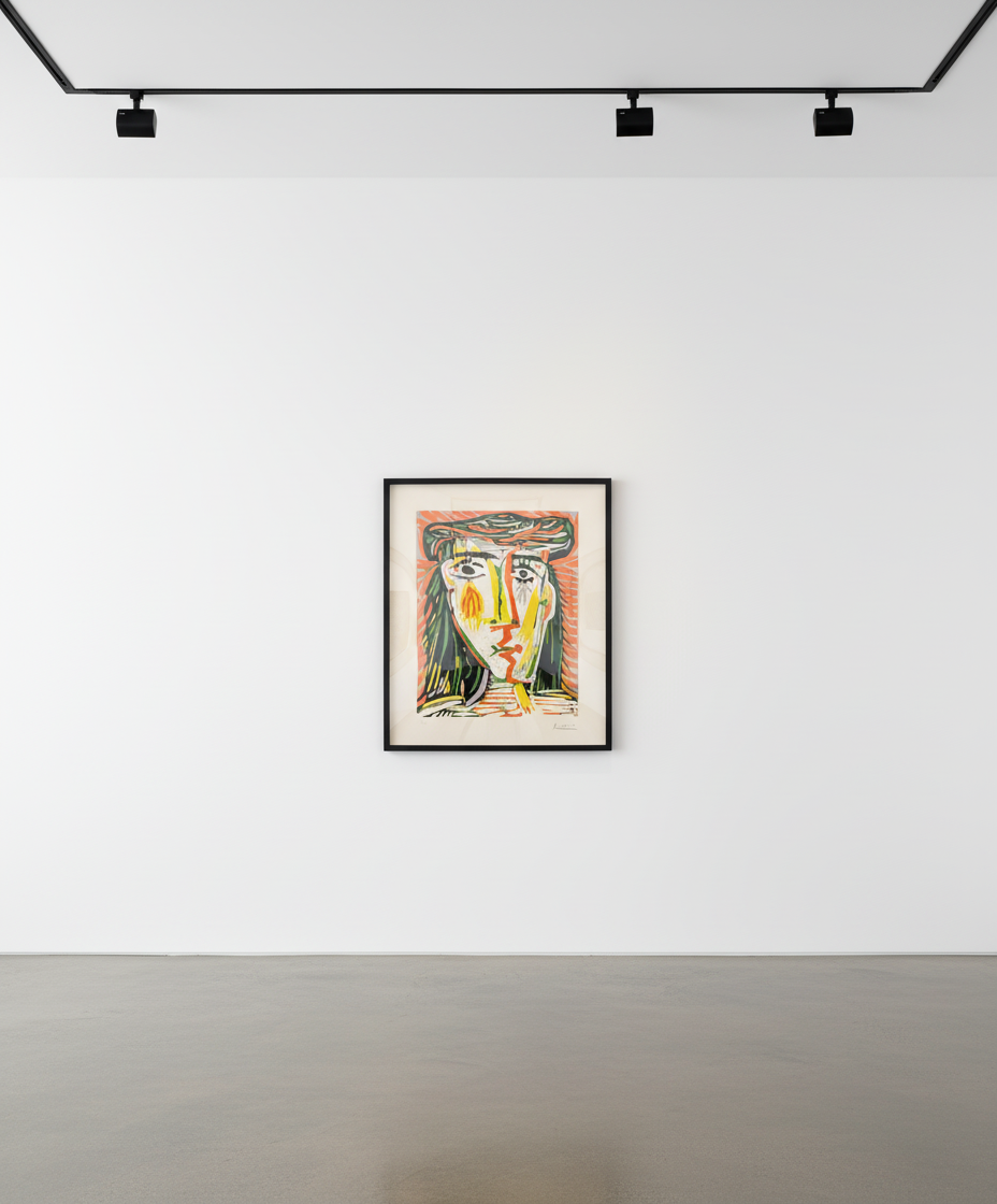 Pablo Picasso - Jacqueline au chapeau de paille, 1962, Original linocut printed in five colors (yellow, red, blue, green, ...