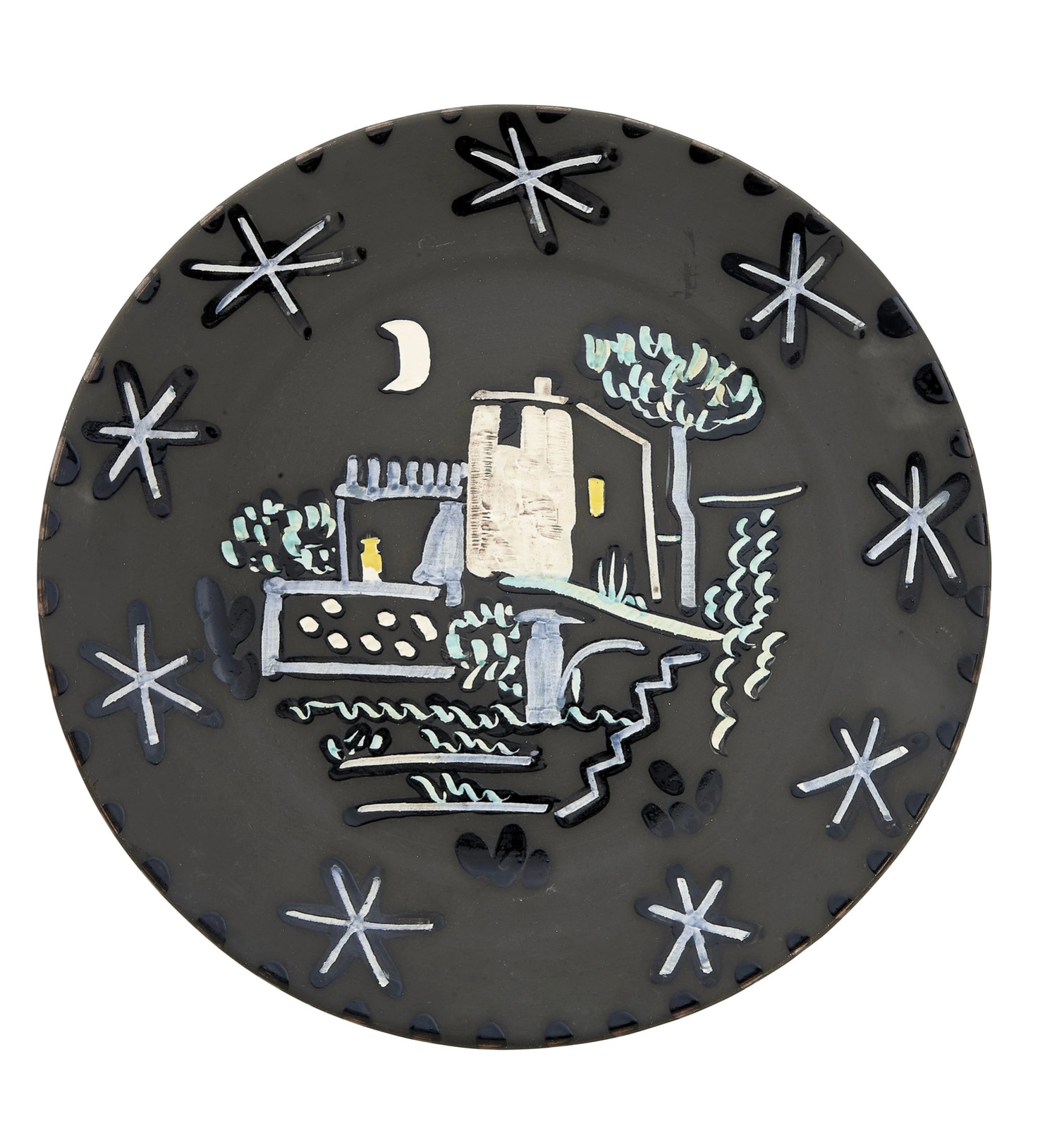 Pablo Picasso - Paysage, 1953, Earthenware clay plate, painted in blue, green, brown, white and blackThis work is stamped ...