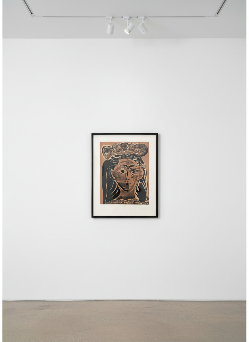 Pablo Picasso - Portrait de Jacqueline Au Chapeau De Paille Fleuri, 1962, Color linocut
Hand signed and numbered  in penci...