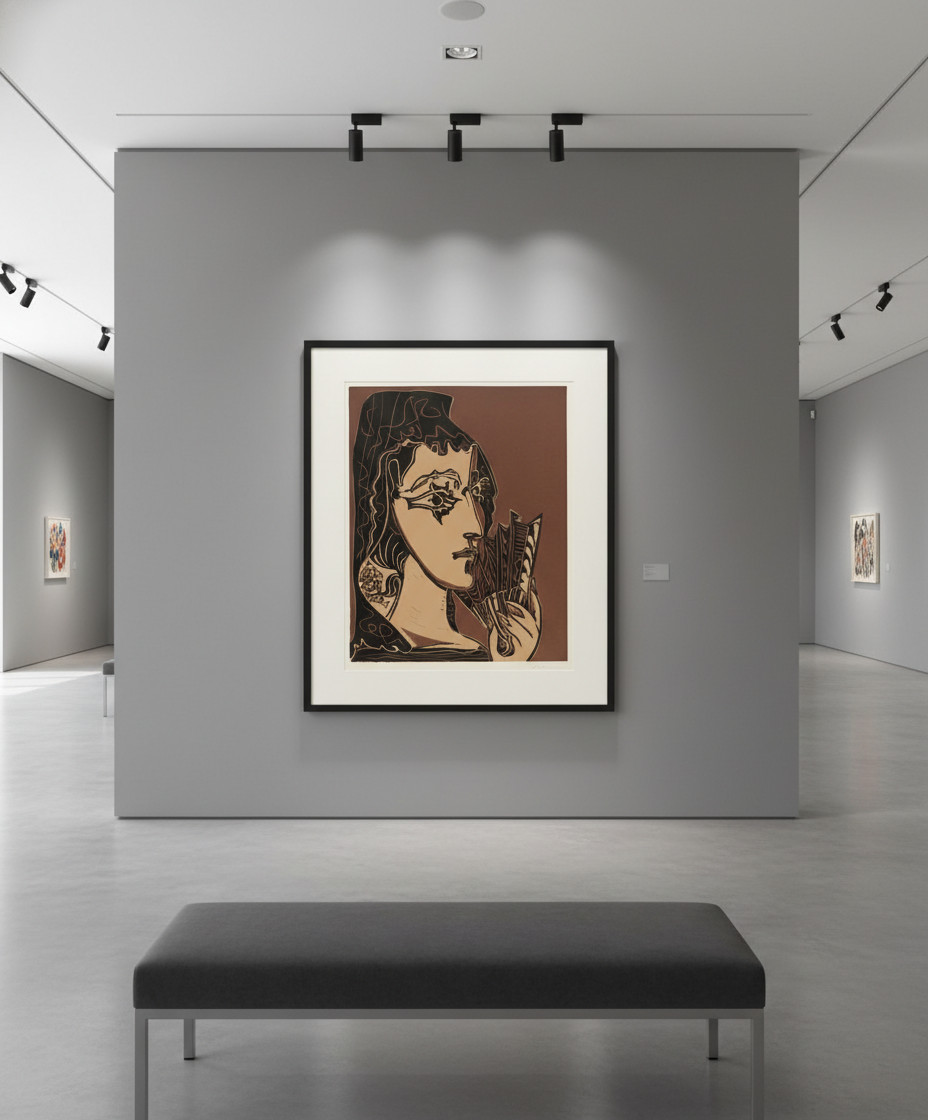 Pablo Picasso - Portrait de Jacqueline en Carmen (L'Espagnole), 1962, Linocut in three colors on Arches paper
Signed in pe...
