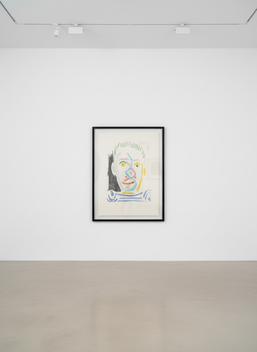 Pablo Picasso - Tête Homme au Maillot Rayé, 1964, Color aquatint on Auvergene Richard de Bas paper.
Signed and numbered fr...