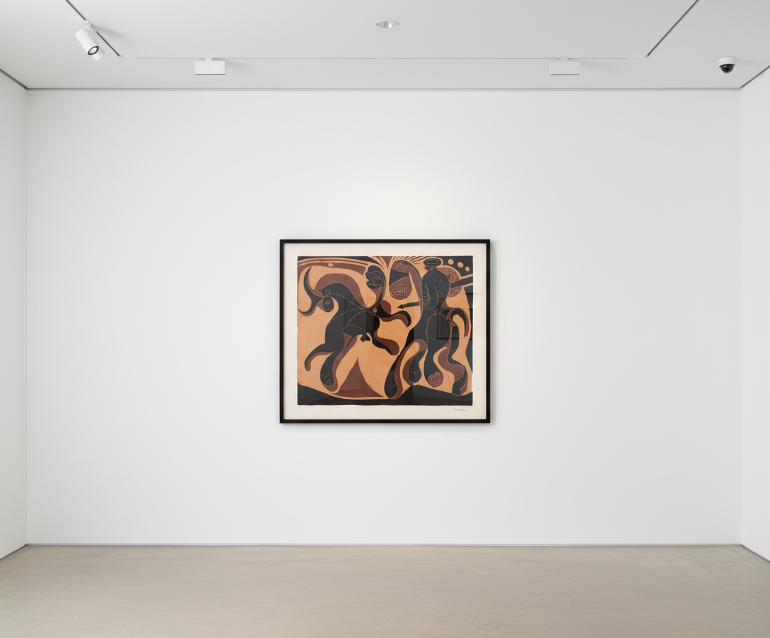 Pablo Picasso - Taureau et Picador, 1959, Original linocut printed in three colors (brown, black, beige) from one block on...