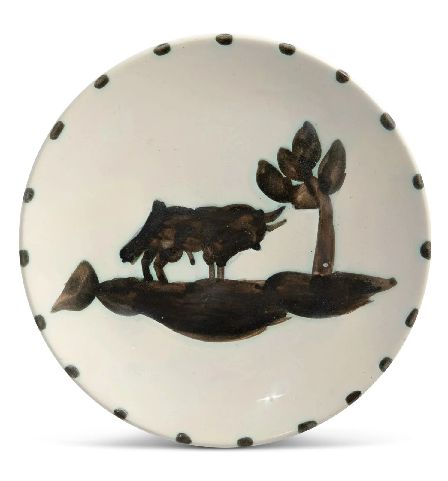 Pablo Picasso - Taureau sous l'arbre, 1952, Original Madoura glazed terre de faience turned round plate with oxidized para...