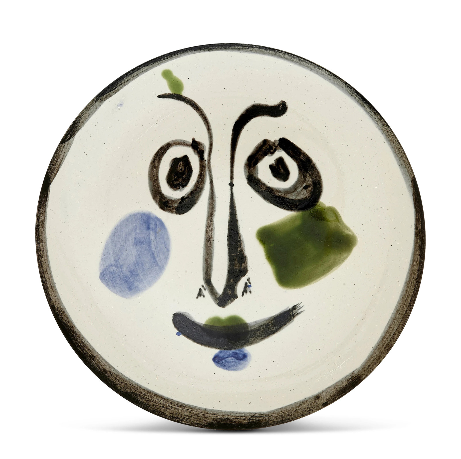 Pablo Picasso - Visage no. 197, 1963, White earthenware ceramic plate with coloured engobe and glazeHandwritten glazed ins...