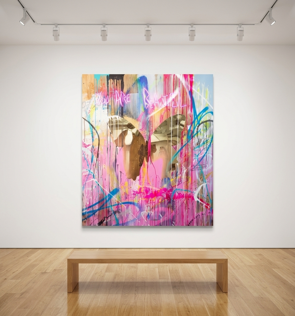 Punkmetender - 246, 2022, Acrylic on wooden panel, gold mirrored aluminum butterfly, neon