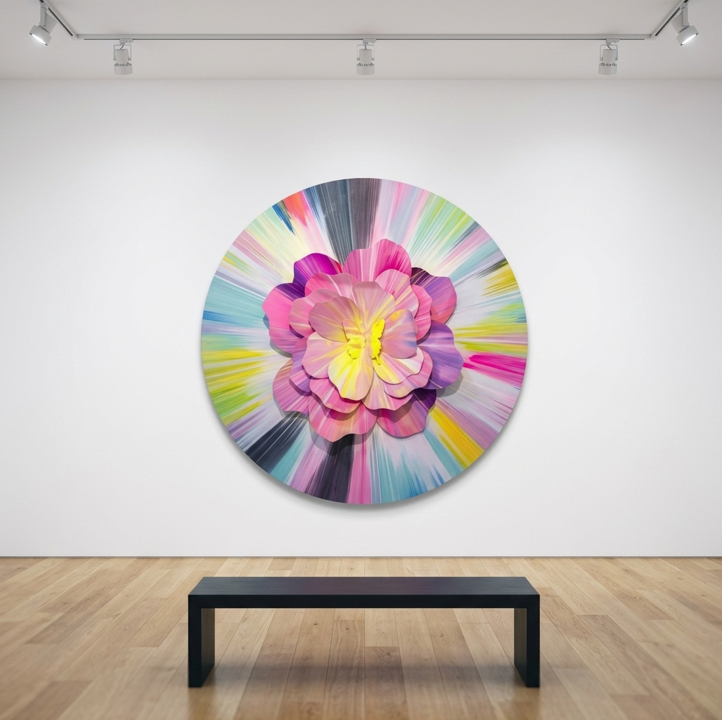 Punkmetender - 299, 2021, Acrylic on wooden panel, aluminum flower & butterfly, diamond dust