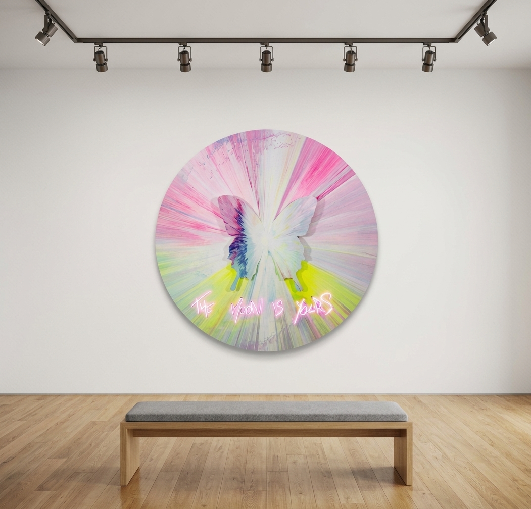 Punkmetender - 89, 2024, Acrylic on aluminum panel, aluminum butterflies, diamond dust, LED neon