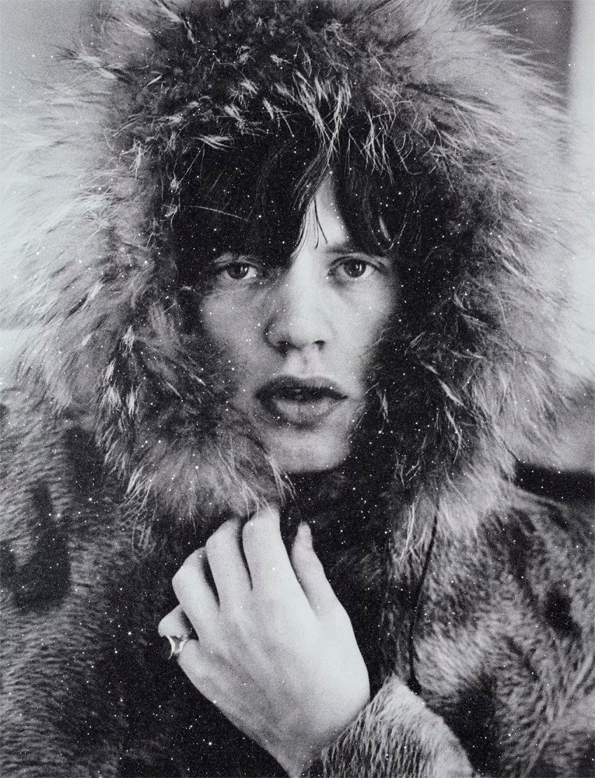Russell Young - Mick Jagger Fur Parka Black and White, 2023, Acrylic paint and enamel screen print with diamond dust on linen