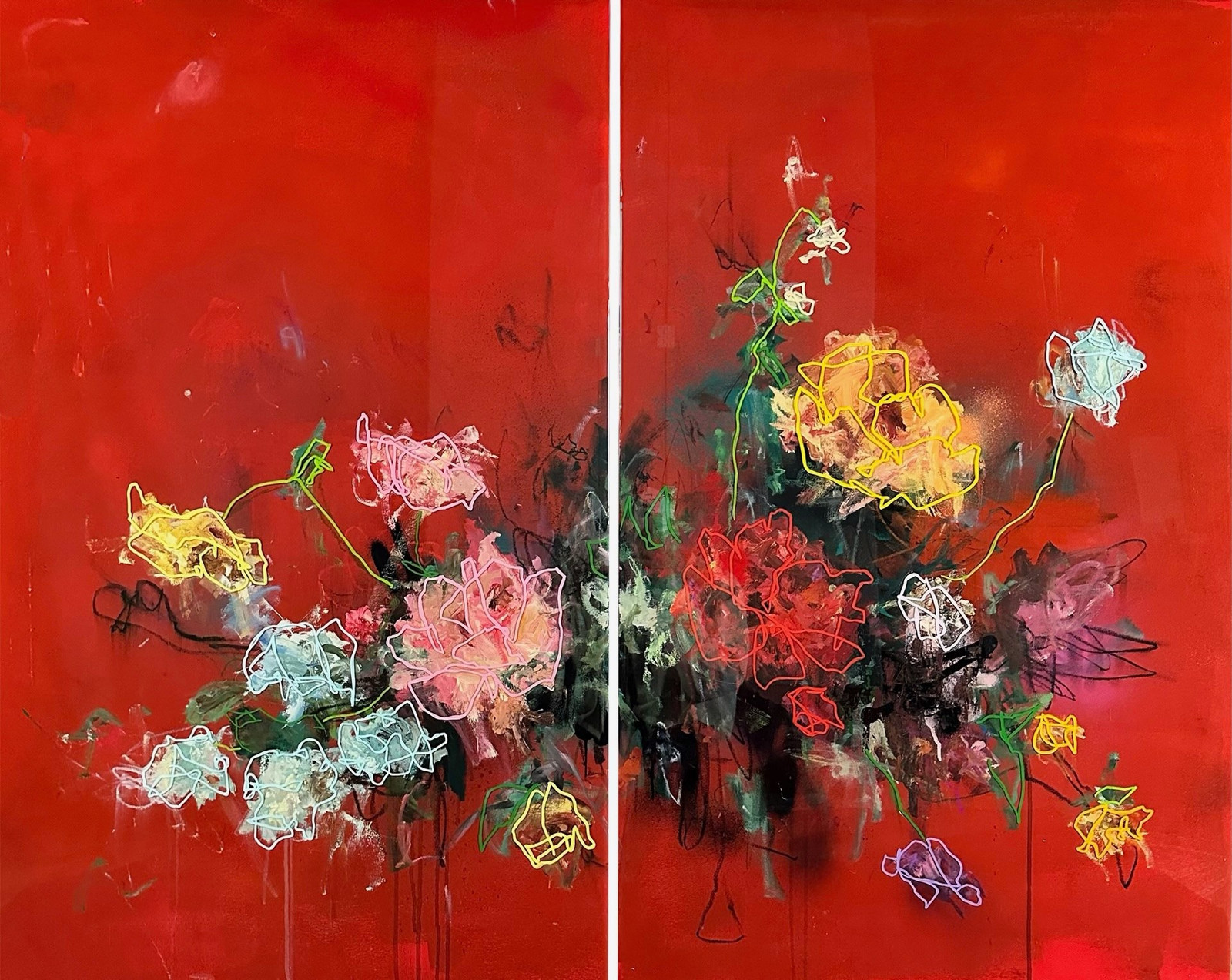 Sage Barnes - Bloom 18, 2022, Acrylic pastel spray paint and resin on canvas wrapped panels