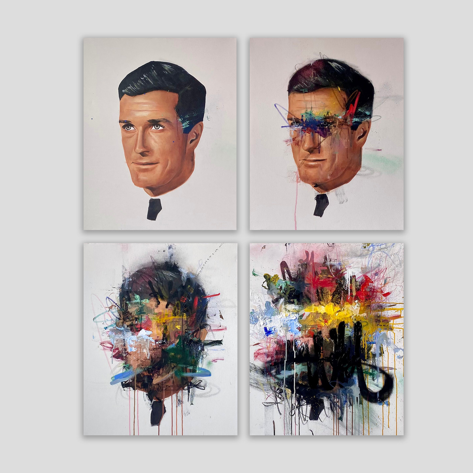 Sage Barnes - How It Happened, 2022, Set of 4 (24 x 30 inch) canvases
Acrylic, pastel and aerosol on canvas