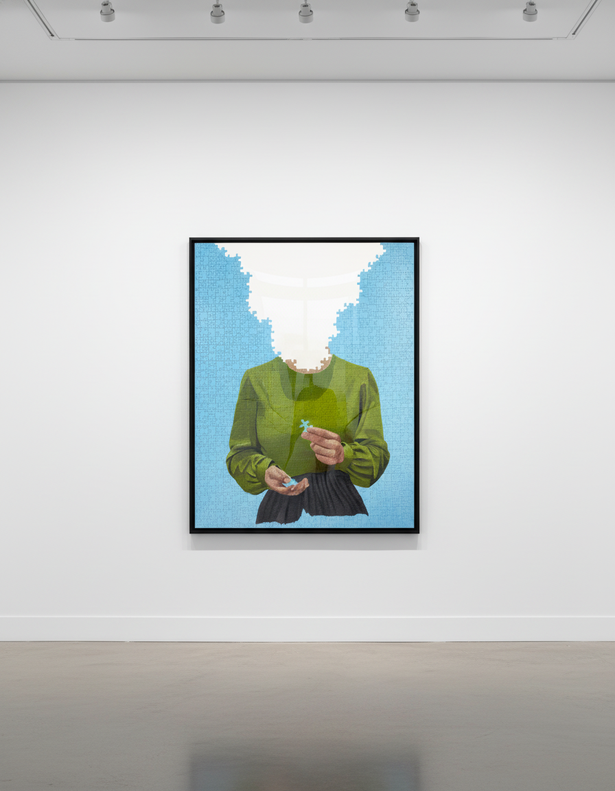 Sage Barnes - The Missing Piece (Blue), 2023, Acrylic and puzzle pieces on wood panel