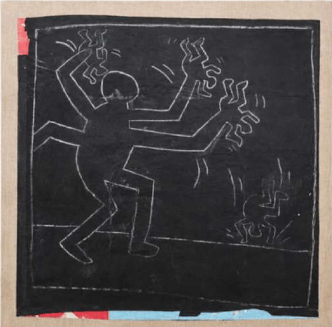 Keith Haring - Untitled (Growing), 1982, White chalk on black matte subway advertising paper, with underlying fragments of...