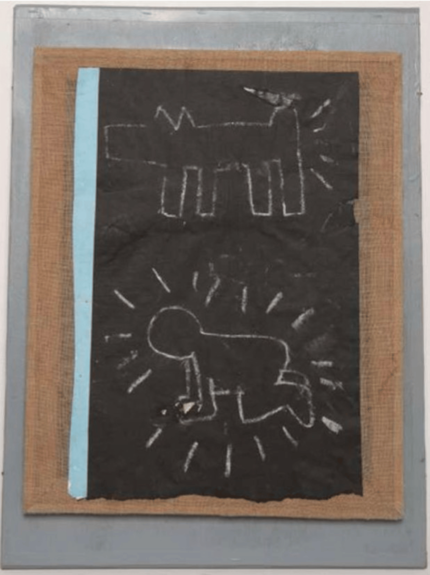 Keith Haring - Untitled (Dog and Child), 1982, White chalk on black matte subway advertising paper, affixed to jute canvas...
