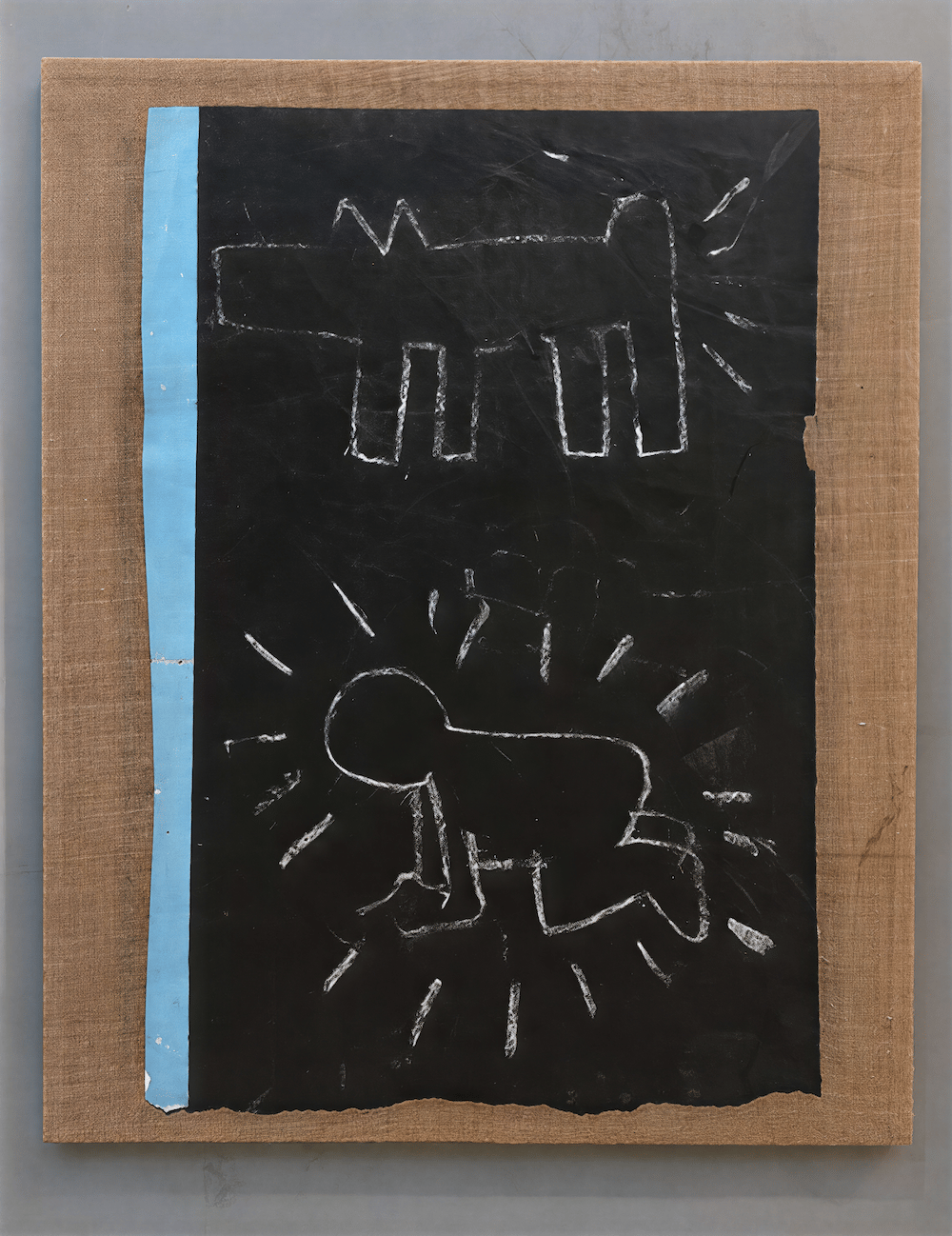 Keith Haring - Untitled (Dog and Child), 1982, White chalk on black matte subway advertising paper, affixed to jute canvas...