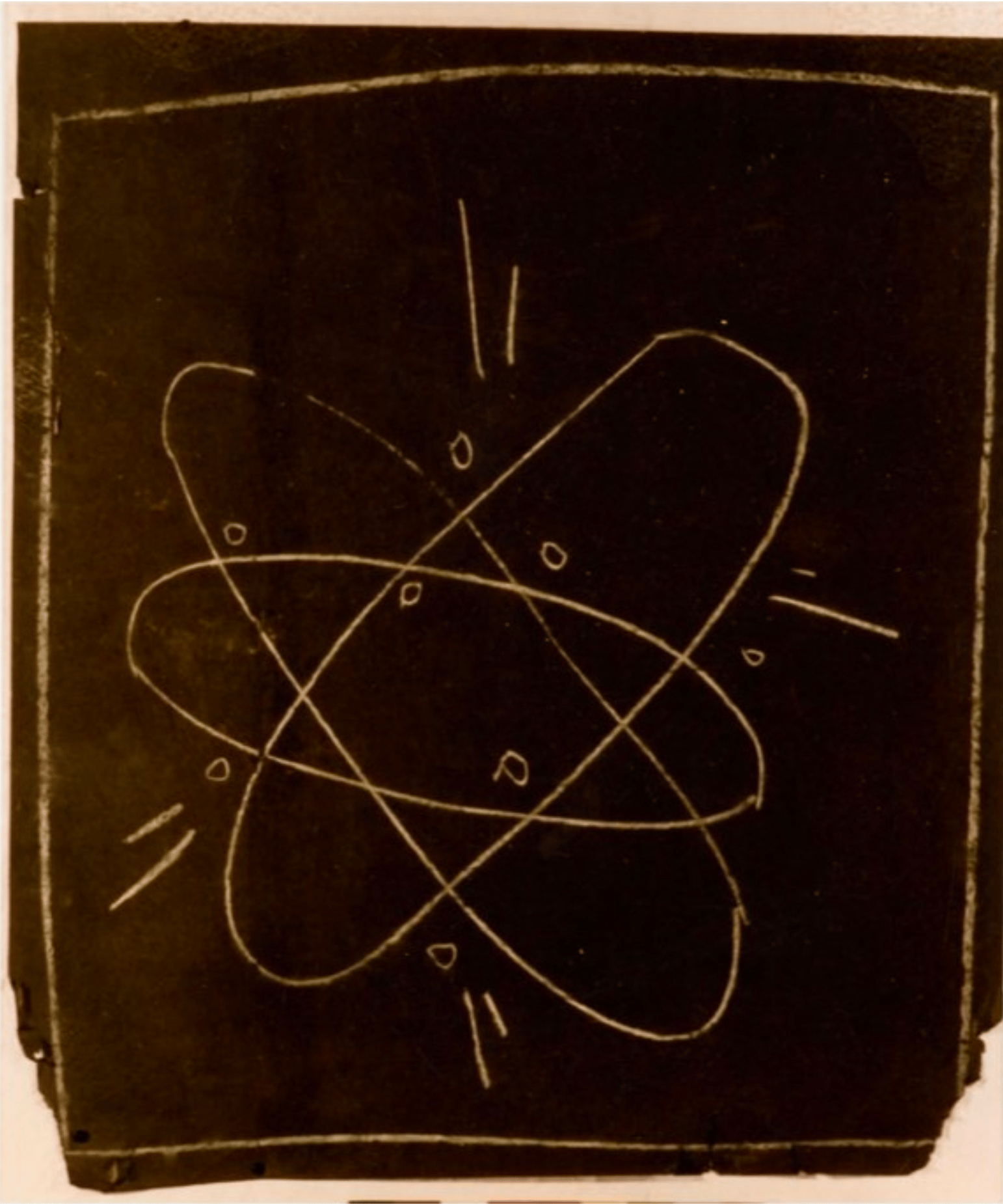 Keith Haring - Untitled (Atom), 1982, White chalk on black matte subway advertising paper, affixed to jute canvas, mounted...