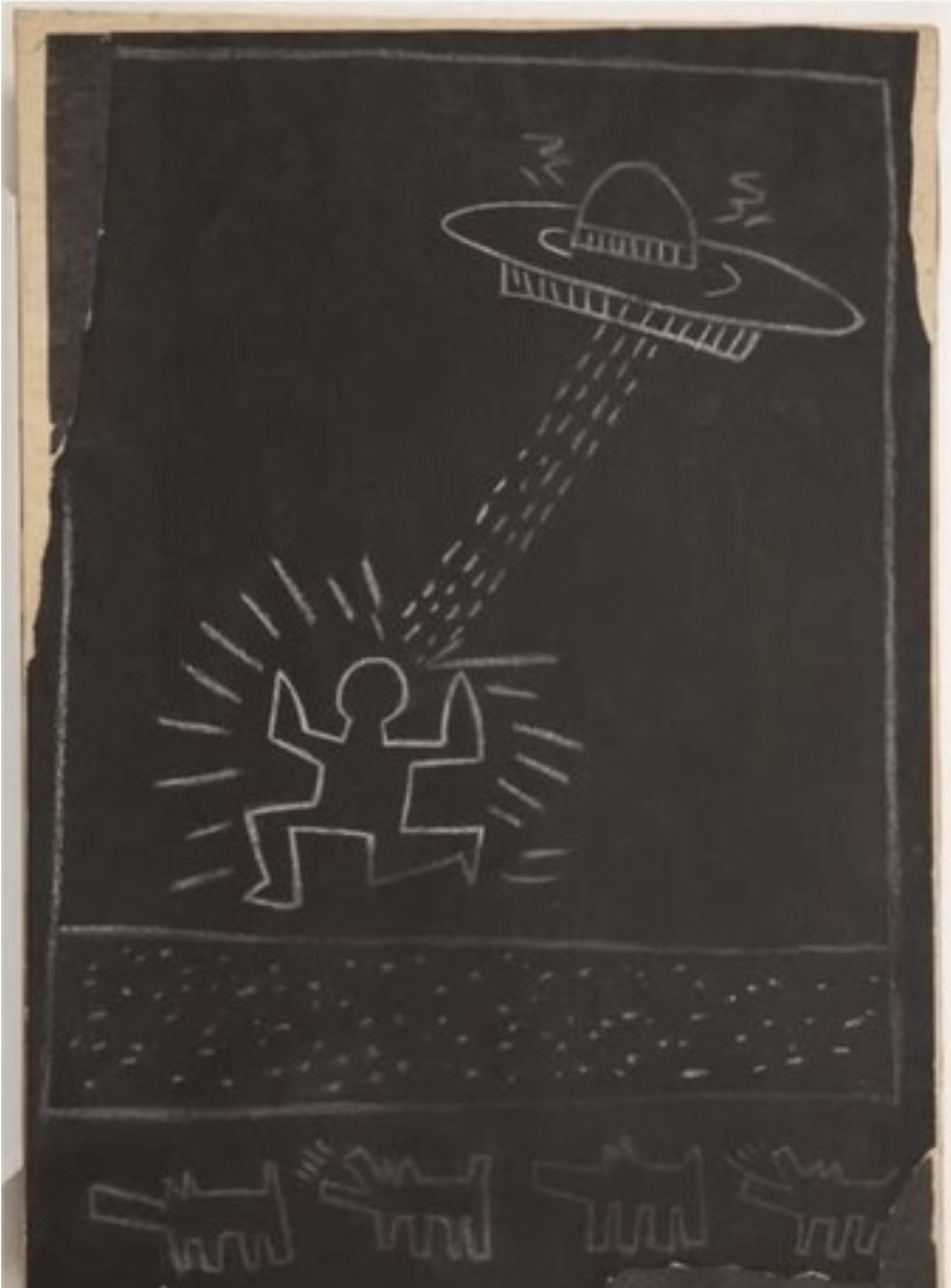 Keith Haring - Untitled (Escalation to Radioactivity), 1982, White chalk on black matte subway advertising paper affixed t...
