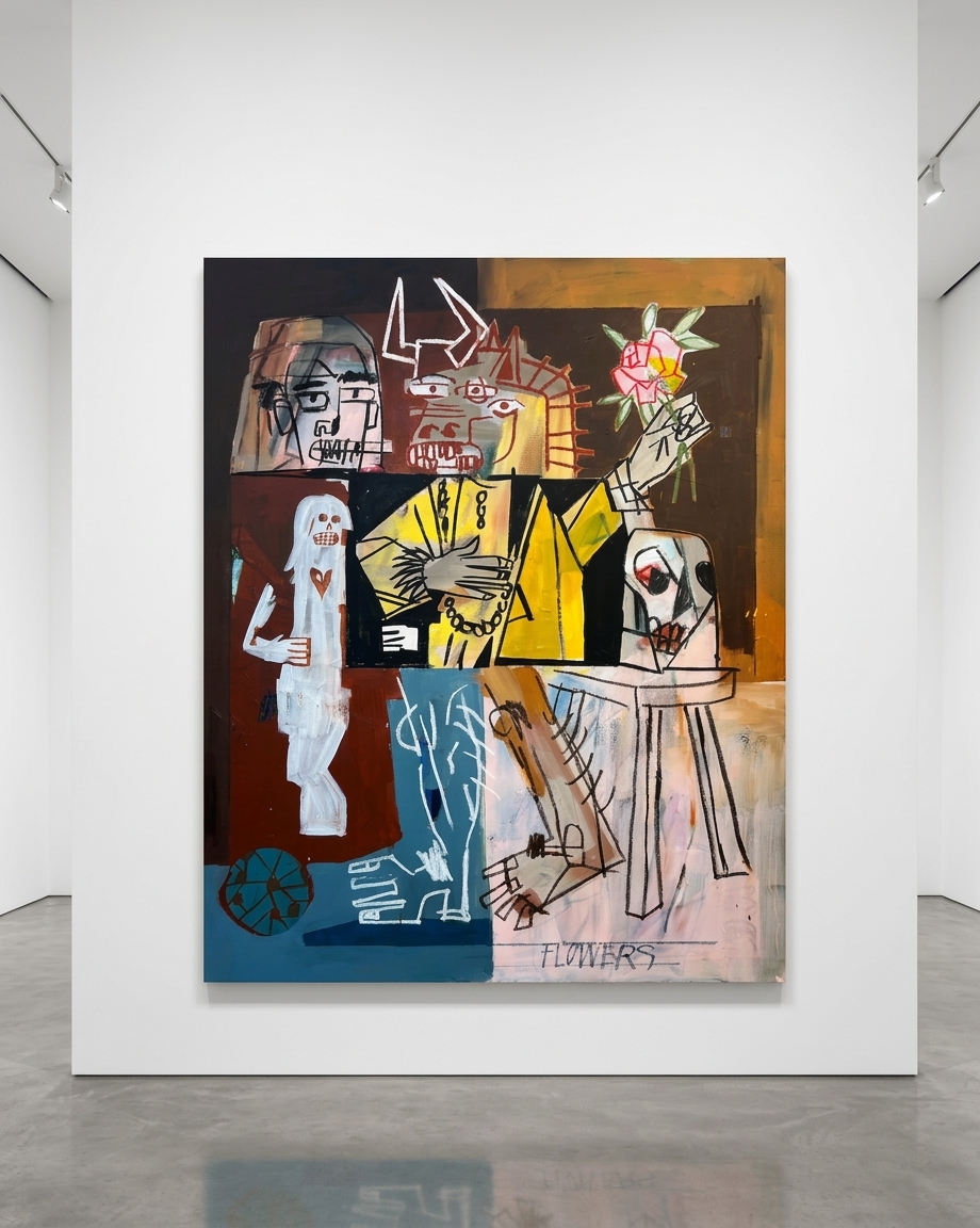 Terry Urban - I'd Rather Smell The Flowers, 2026, Acrylic, Oil, Charcoal, Aerosol on Canvas