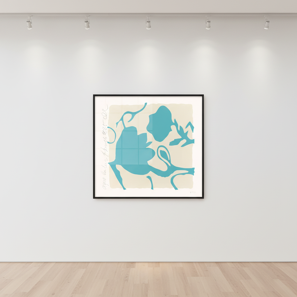Donald Sultan - Aqua Lantern Flower, 2025, Color silkscreen with enamel inks and tar-like texture on Rising 2-ply museum b...