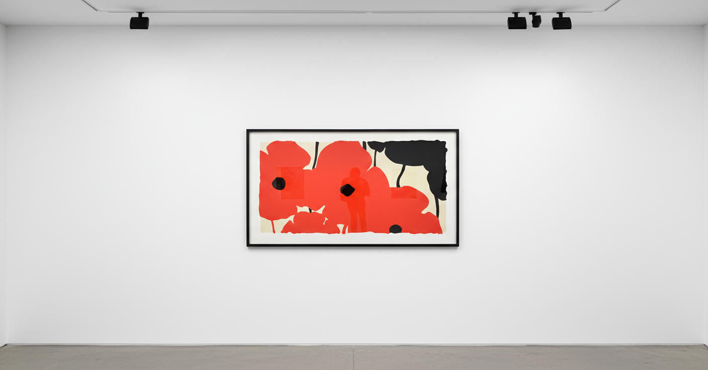Donald Sultan - Reds and Blacks, 2020, Silkscreen with enamel inks, flocking, and tar- like texture on Rising 4-ply Museum...