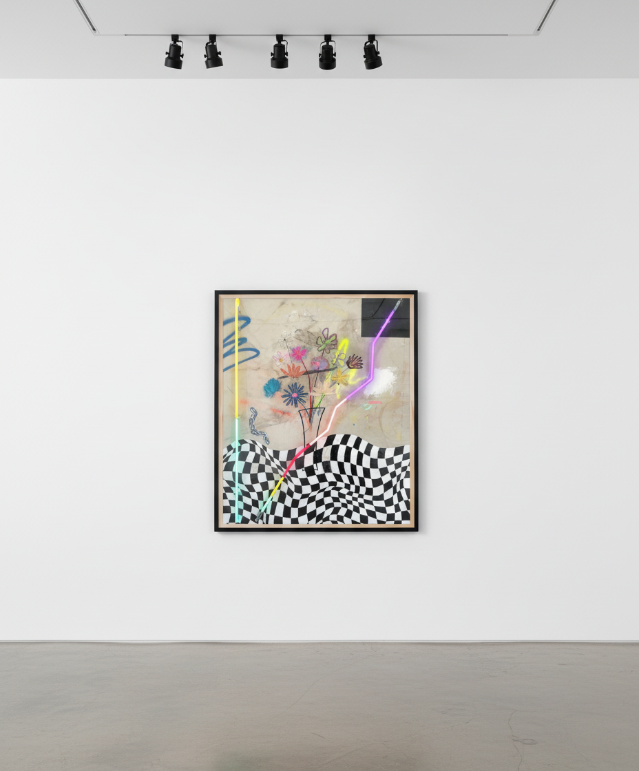 Vincent Chung - Held In Time, 2023, Acrylic, spray paint, oil sticks, chalk pastel, dirt and neon on sewn canvas and burlap