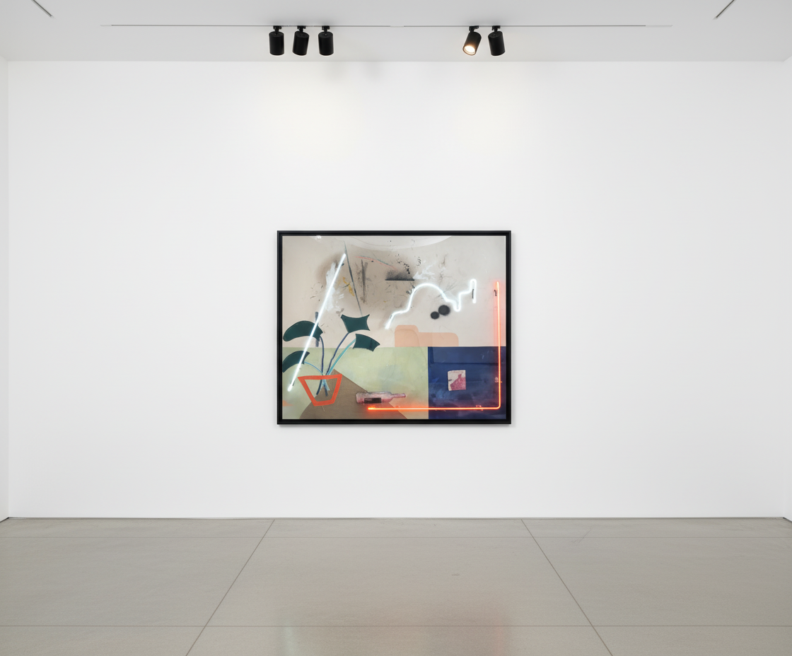 Vincent Chung - Stop Hitting The Brakes, 2019, Acrylic, olive oil, pastel, dirt, wine, neon on dyed sewn canvas and linen