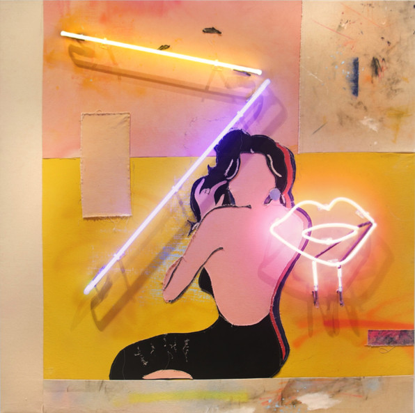 Vincent Chung - Sugar is Poison, 2019, Acrylic, dirt, pastel, spray paint and neon on sewn dyed canvas