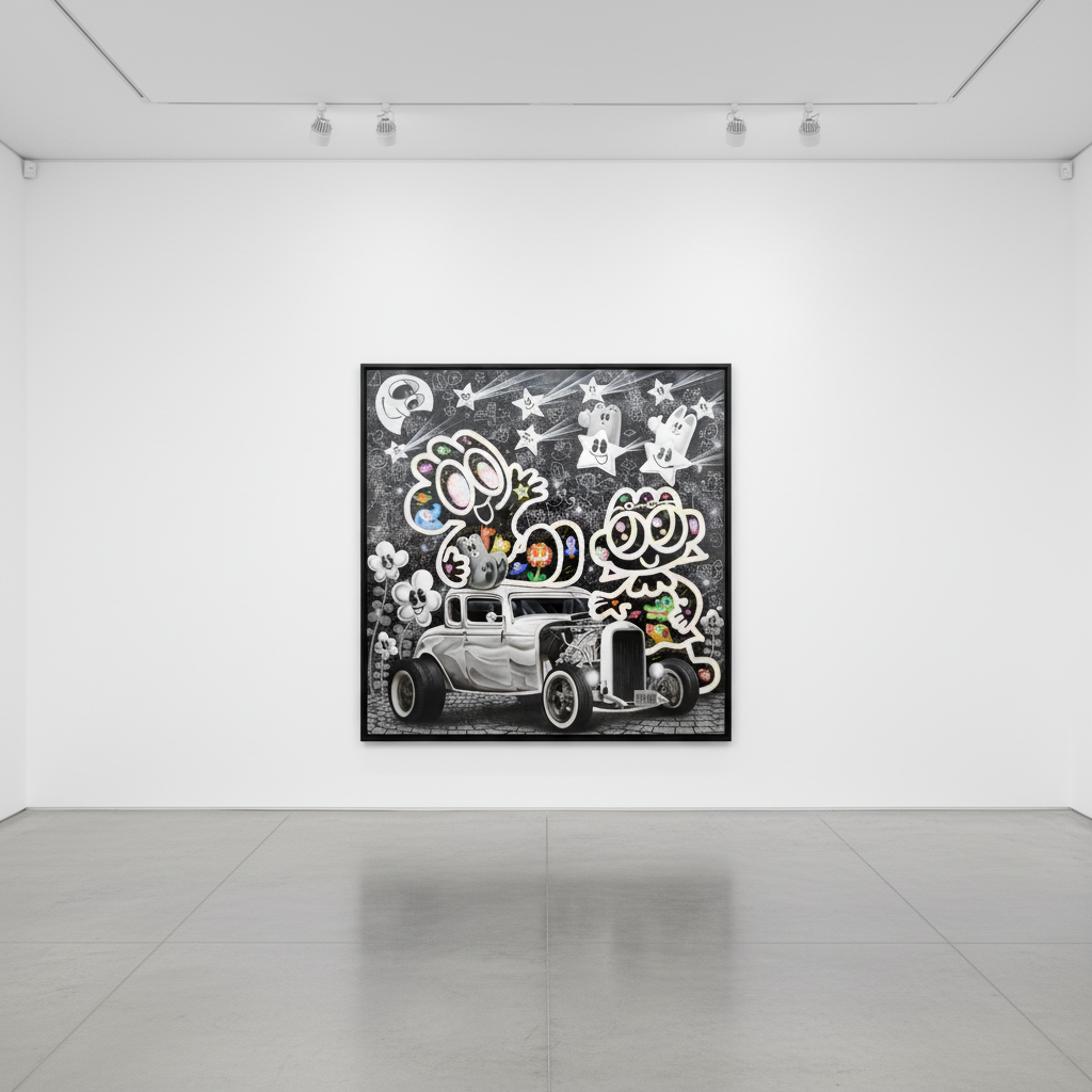 Yusuke Toda - Yum and Rin's Night Drive, 2023, Acrylic and oil stick on canvas