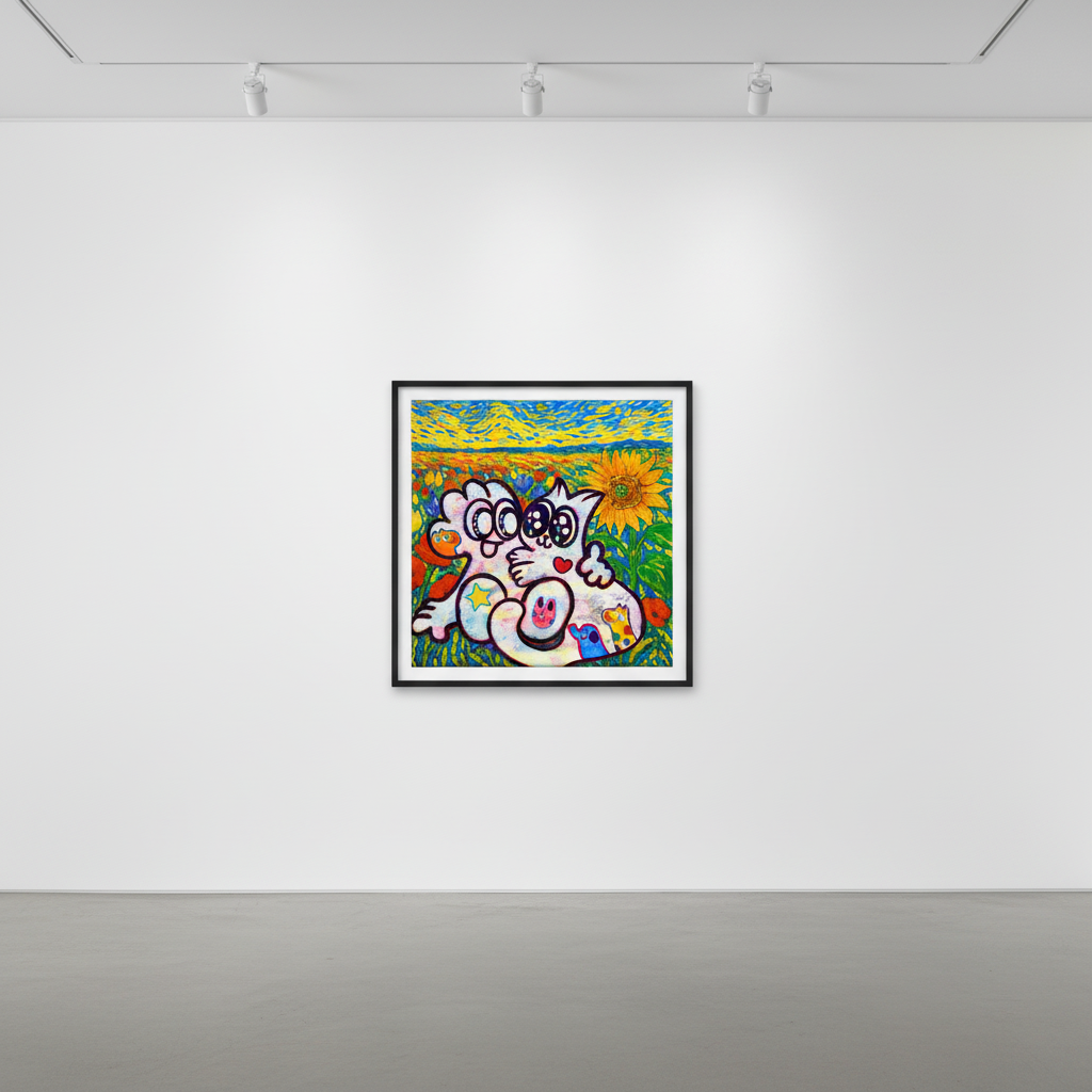 Yusuke Toda - YUM MEW with Sunflower, 2025, Mixed media on canvas