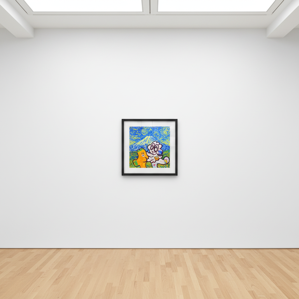 Yusuke Toda - YUM POM and Mt. Fuji, 2025, Mixed media on canvas