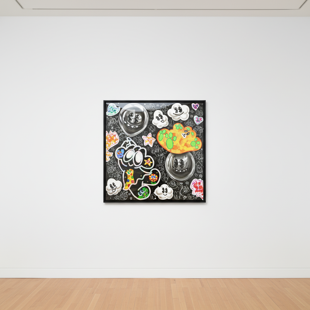 Yusuke Toda - YUM POM with Adorable Balloons, 2025, Mixed media on canvas