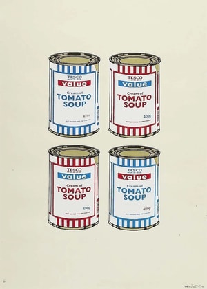 Banksy - Soup Cans Quad (Blue and Red on Cream) (Signed)
