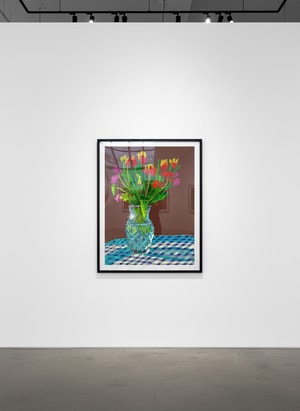 David Hockney - 24th February 2021, Red, Yellow and Purple Flowers on a Blue Tablecloth
