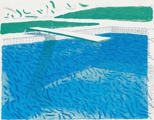 David Hockney - Lithograph Of Water Made Of Lines, Crayon And Two Blue Washes