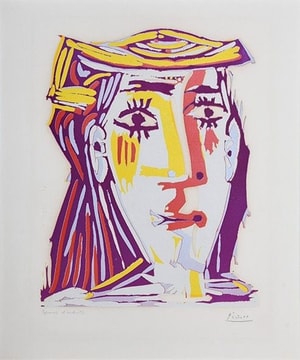 Pablo Picasso - Femme au Chapeau (Portrait de Jacqueline au chapeau de paille multicolore).