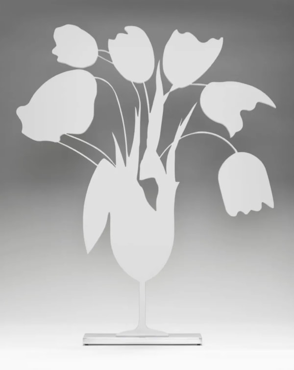 Donald Sultan - White Tulips and Vase, April 4, 2014, Painted aluminum on polished aluminum base