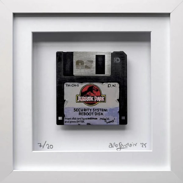 Arlo Sinclair - Jurassic Park: Magic Word - 3.5” Black, 2025, Hand-painted retro floppy disk: acrylic paint, plastic disk,...