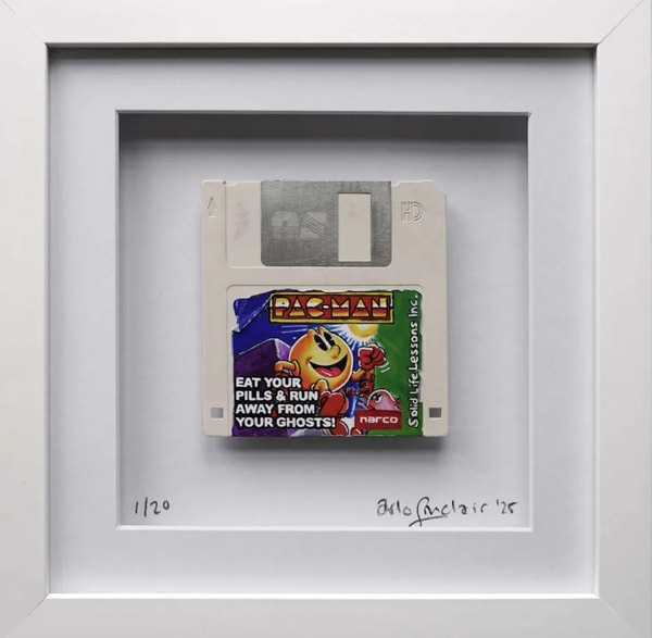 Arlo Sinclair - PacMan: Pills & Ghosts - 3.5” White, 2025, Hand-painted retro floppy disk: acrylic paint, plastic disk,
al...