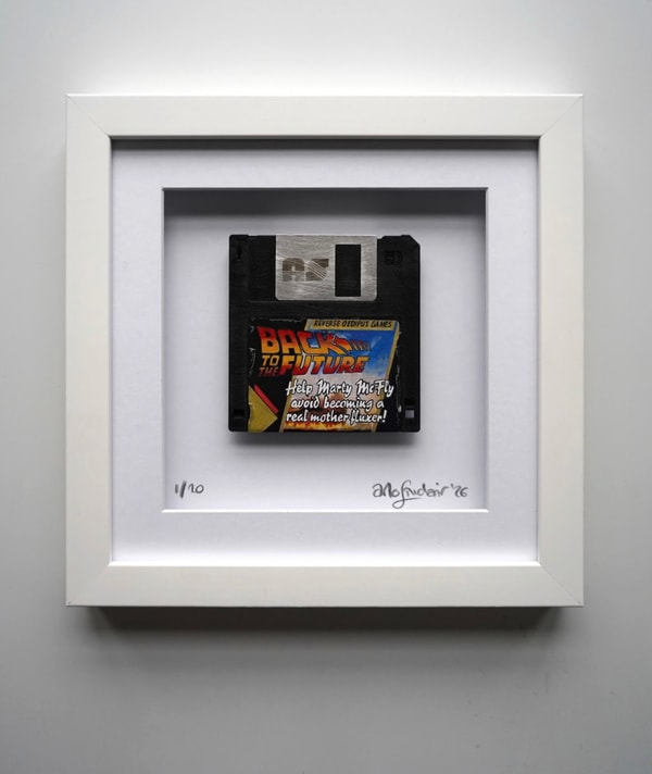 Arlo Sinclair - To The Future: Mother Fluxer - 3.5” Black, 2026, Hand-painted retro floppy disk: acrylic paint, plastic di...